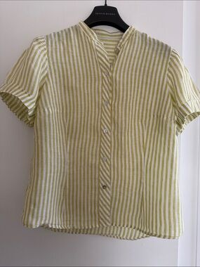 Linen-Blend Short Sleeve Button Front Top Green Yellow Stripe hand made size 10